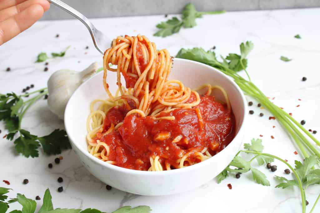 Quick Marinara Sauce with pasta in bowl