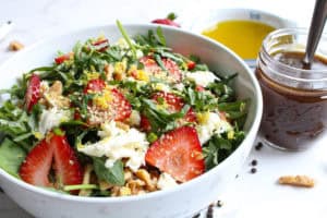 Recipe for Strawberry Salad in a bowl angle view