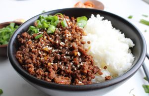 Korean Beef Rice Bowl close up view