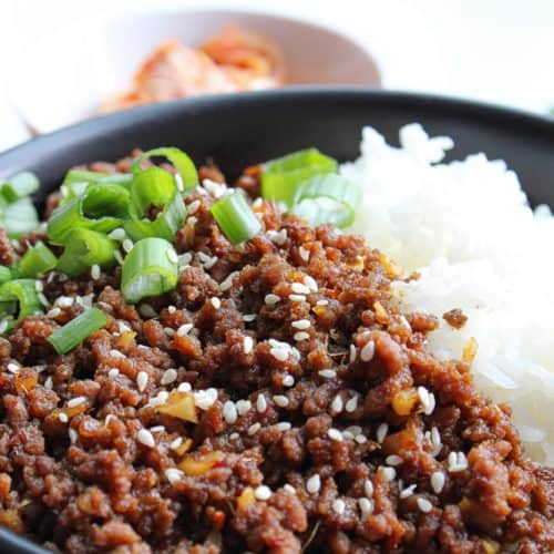 Korean Beef Rice Bowl with rice and green onions