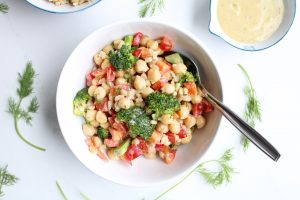 Recipe for Garbanzo Bean Salad in a bowl with spoon