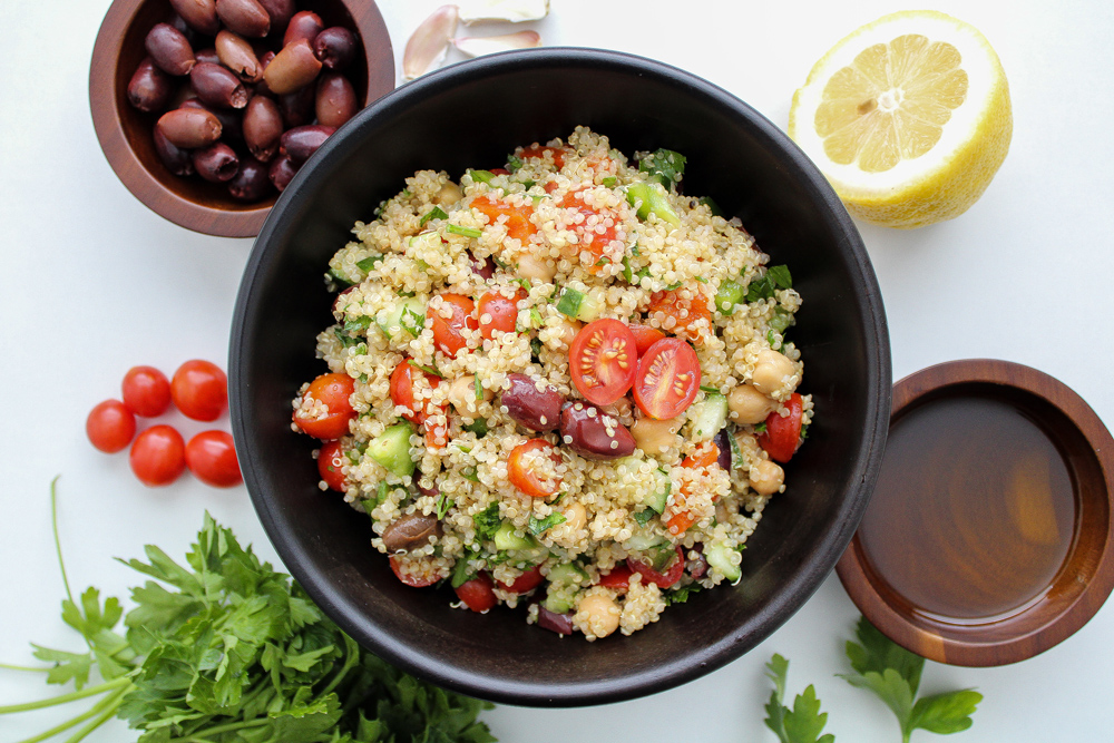 Greek quinoa salad in a bowl
