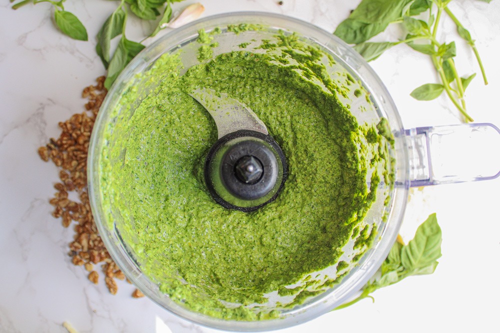 pesto without pine nuts blended smooth in a food processor
