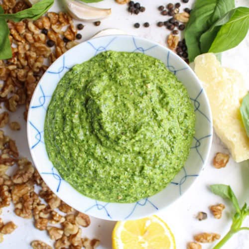 pesto without pine nuts in small blue bowl