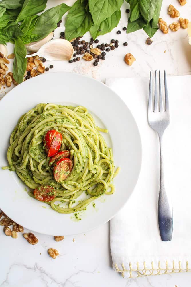 pesto without pine nuts pasta on small plate with fork